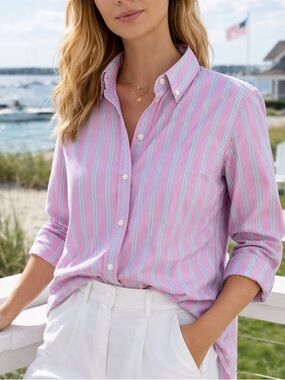 Pink Striped Oxford Shirt NWOT Women’s M Preppy Coastal Button Down